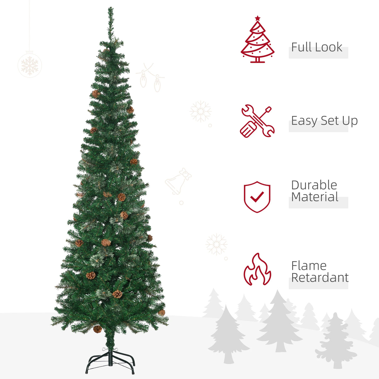 HOMCOM 6.5FT Tall Pencil Slim Artificial Christmas Tree with Realistic Branches, Tip Count and Pine Cones, Pine Needles Tree, Xmas Decoration, Green