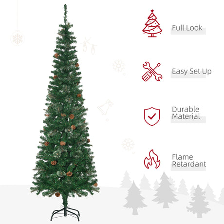 HOMCOM 6.5FT Tall Pencil Slim Artificial Christmas Tree with Realistic Branches, Tip Count and Pine Cones, Pine Needles Tree, Xmas Decoration, Green