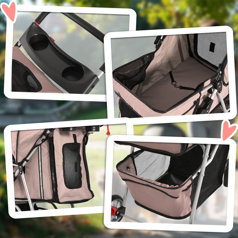 PawHut Pet Stroller for Small Miniature Dogs Cats Foldable Travel Carriage with Wheels Zipper Entry Cup Holder Storage Basket Brown