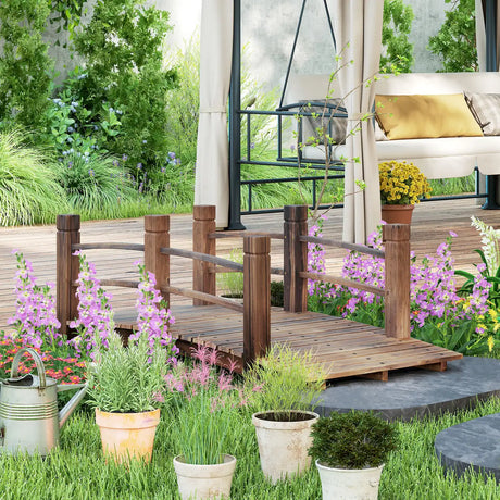 Outsunny 1.5M Wooden Garden Bridge Lawn Dcor Stained Finish Arc Outdoor Pond Walkway w/ Railings Water Yard Decoration