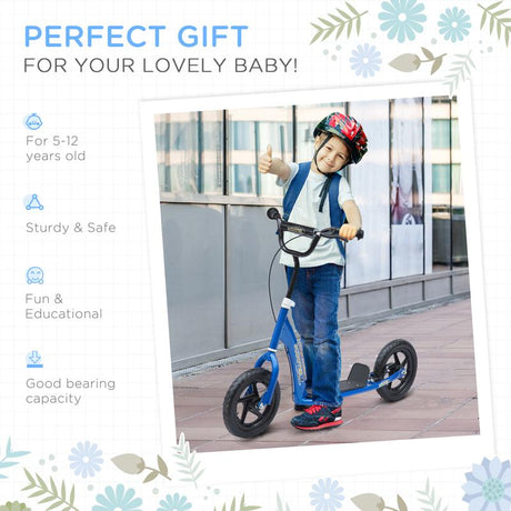 HOMCOM Kids Scooter Kick Scooter with 12" EVA Tyres, Rear Brake, Big Wheels Scooter for 5-12 Years Old, Blue