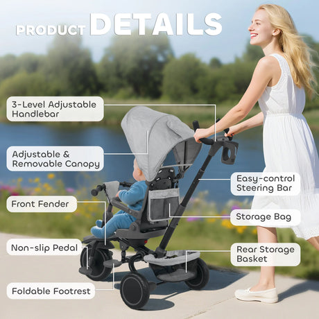 AIYAPLAY 6 in 1 Foldable Kids Trike with Adjustable Parent Handle & Canopy for Ages 1-5, Grey