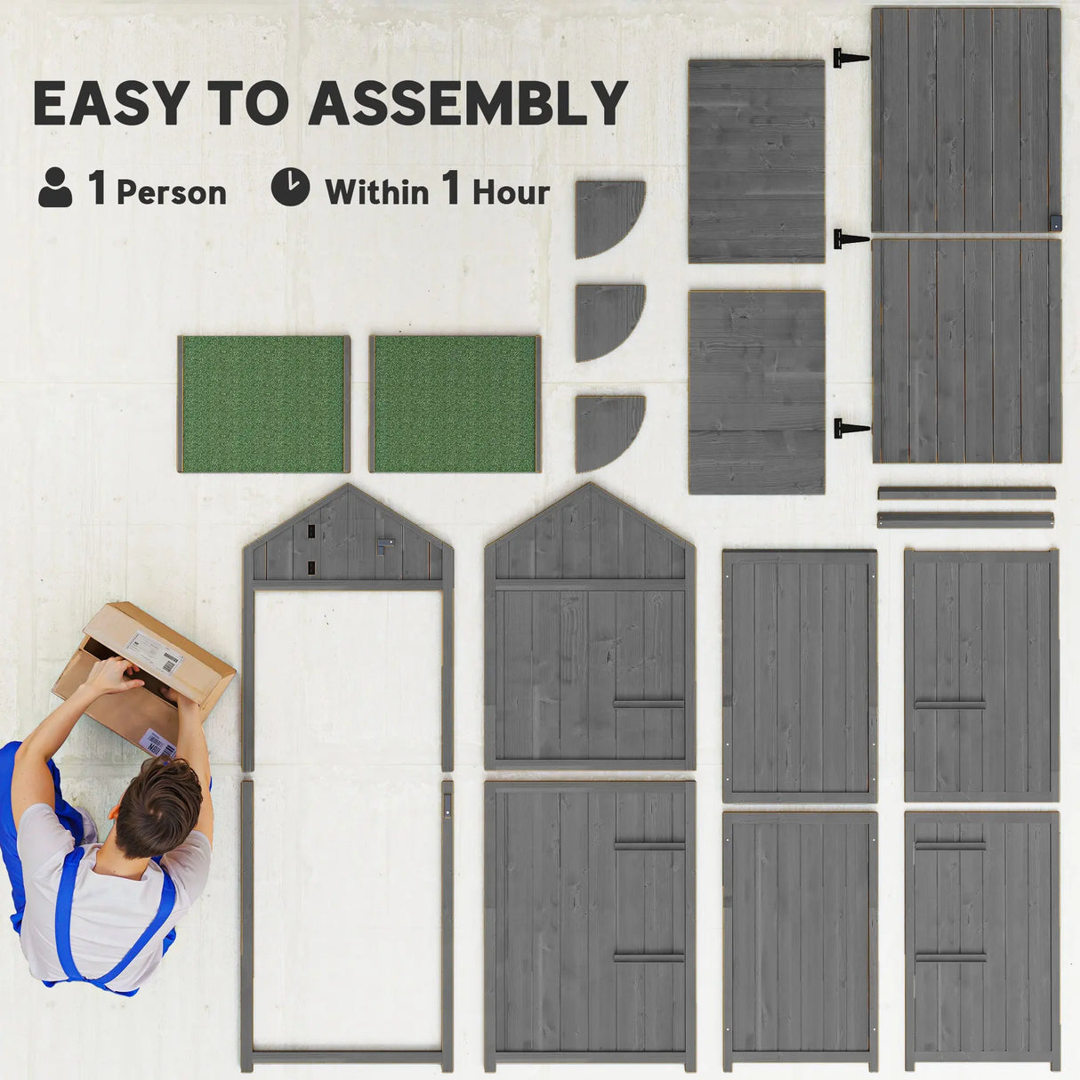 Outsunny Wooden Garden Shed, Utility Outdoor Small Shed with Lockable Double Doors, Shelves and Roof Hatch, Grey