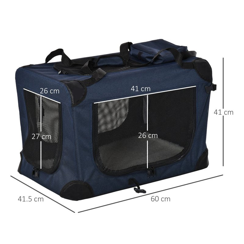 PawHut Foldable Pet Carrier for Small and Miniature Dogs, Portable Cat Carrier Soft Side Pet Travel Crate with Removable Mat, Storage Bags, Breathable Mesh 60 x 41.5 x 41cm - Dark Blue