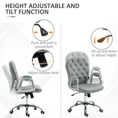 Vinsetto Office Chair Ergonomic 360 Swivel PU Diamante Padded Base 5 Castor Wheels for Home Work Grey