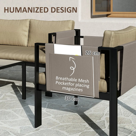 Outsunny 4 Piece Metal Garden Furniture Set with Tempered Glass Coffee Table, Texteline Pocket, Outdoor Set Loveseat Single Armchairs with Padded Cushions, Khaki