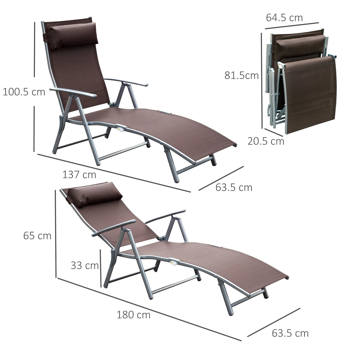 Outsunny Sun Lounger Steel Frame Outdoor Folding Chaise Texteline Lounge Chair Recliner with Headrest & 7 Levels Adjustable Backrest, Brown