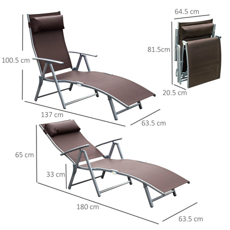 Outsunny Sun Lounger Steel Frame Outdoor Folding Chaise Texteline Lounge Chair Recliner with Headrest & 7 Levels Adjustable Backrest, Brown