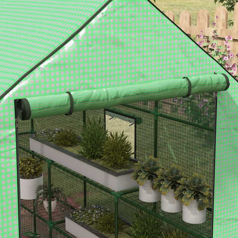 Outsunny Walk-in Greenhouse with 3 Tier 12 Shelves, Small Greenhouse with Reinforced PE Cover, Garden Plant Growhouse with Roll-up Door and Three Mesh Windows, 140 x 213 x 190 cm, Green