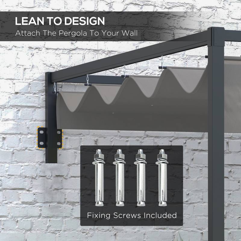 Outsunny 3 x 4m Lean To Steel Pergola, with Moving Fabric Canopy - Dark Grey