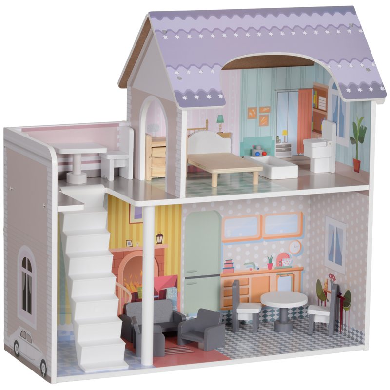 AIYAPLAY 2 Levels Dolls House with 13 Furniture Pieces, Play Set with Balcony, for Ages 3-6 Years, Multicoloured