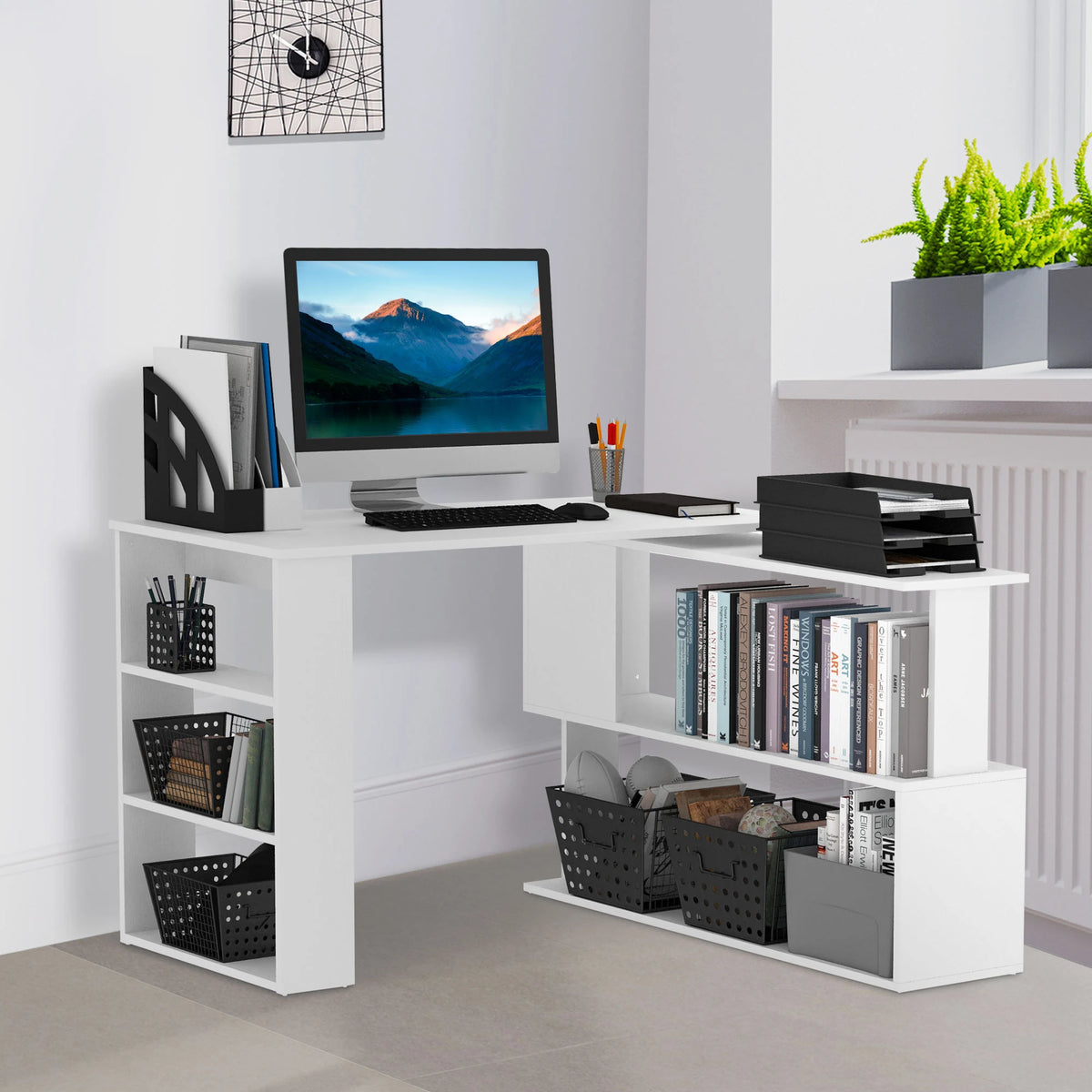 HOMCOM Corner Computer Desk, L Shaped Desk with 360 Rotating Bookshelf, 120L x 110W x 74.5H cm, White