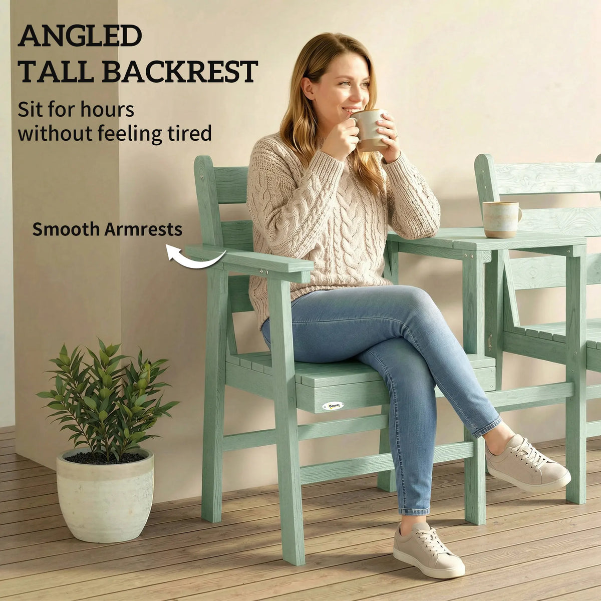 Outsunny Outdoor Garden Loveseat, Embossed Wooden Jack and Jill Garden Seat with Integrated Table, Green