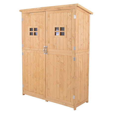 Outsunny Wooden Garden Shed with Two Windows, Tool Storage Cabinet, Outdoor Double Door Organizer 127.5L x 50W x 164H cm, Natural