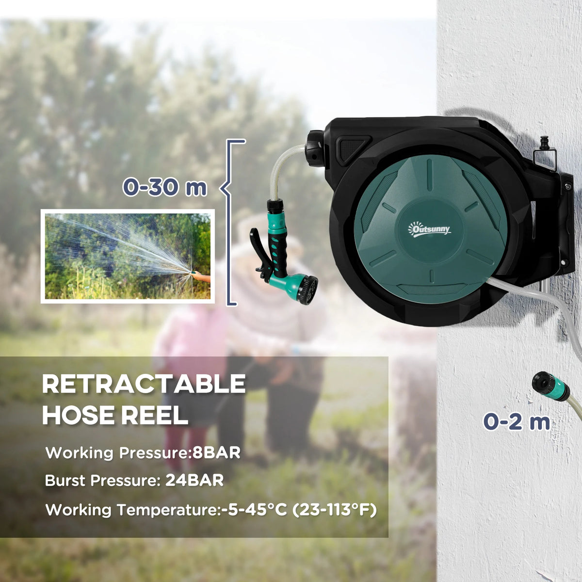 Outsunny Retractable Hose Reel Wall Mounted, 30+2m Garden Hose Pipe Reel with Lock, Auto Rewind, 7 in 1 Spray Nozzle, Includes Wall Fixings, 180 Swivel, Outdoor Watering, 59 x 23 x 42 cm, Green