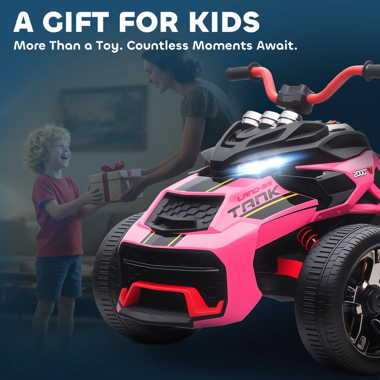 AIYAPLAY 12V Kids Electric Ride On Car with 3 Wheeler, MP3 Player, Horn, 2 Speeds, LED Lights for Boys & Girls Ages 3-8, Pink