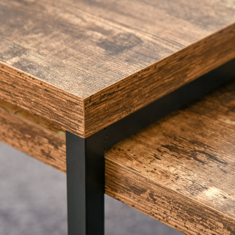 HOMCOM Coffee Tables Set of 2, Industrial Nest of Tables with Metal Frame for Living Room Bedroom, Rustic Brown