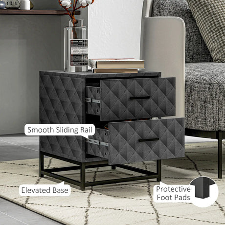 HOMCOM Bedside Tables Set of 2, Modern Bedside Table Nightstand with 2 Drawers, Bedside Cabinet Sofa Side Table with Storage, Steel Legs for Bedroom, Living Room, Grey