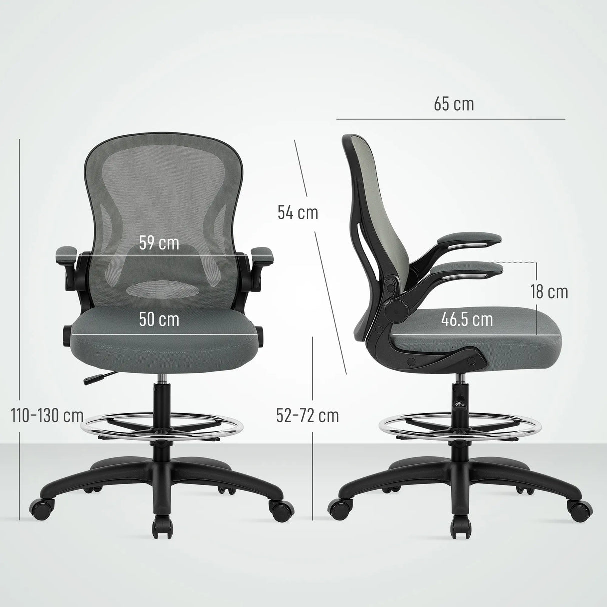 Vinsetto Drafting Chair, Ergonomic Tall Office Chair with Flip-up Armrests, Mesh Back, Lumbar Support, Adjustable Height and Foot Ring, Swivel Wheels, for Standing Desk, Charcoal Grey