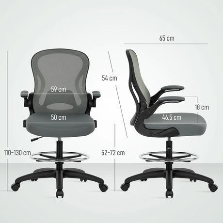 Vinsetto Drafting Chair, Ergonomic Tall Office Chair with Flip-up Armrests, Mesh Back, Lumbar Support, Adjustable Height and Foot Ring, Swivel Wheels, for Standing Desk, Charcoal Grey