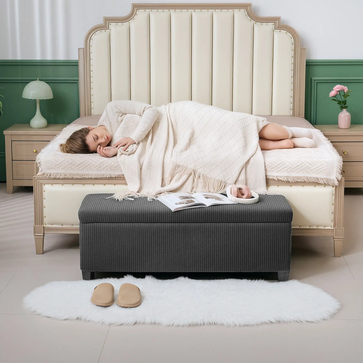 HOMCOM 84L Corduroy Storage Ottoman - Grey