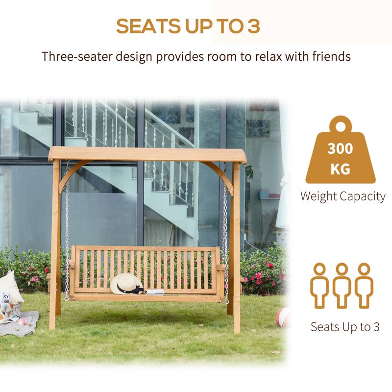 Outsunny 3 Seater Garden Swing Seat Wooden Swing Chair Hammock Bench Lounger with Canopy, Natural