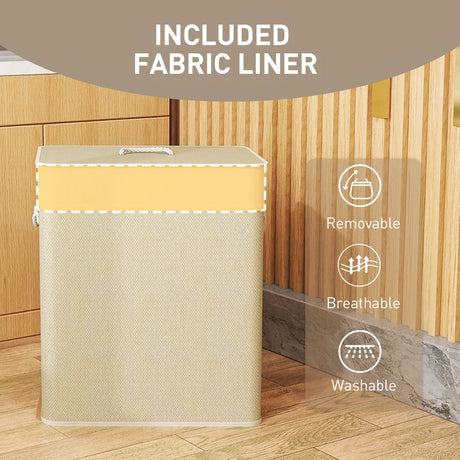 HOMCOM Double Laundry Basket with Lid, 100L Bamboo Laundry Hamper with Rope Handles, Washing Basket with Removable Liner for Bathroom, Bedroom, Cream White