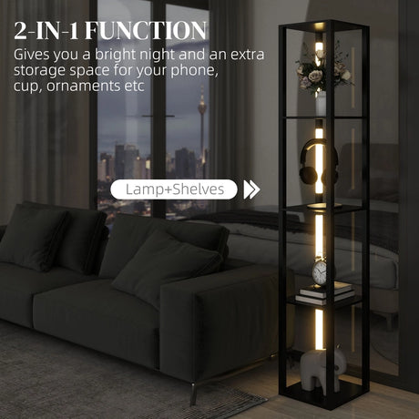 HOMCOM Floor Lamp with Shelves, 4 Layer Dimmable Column Modern Standing Lamp with 3 Brightness Levels and Foot Switch for Living Room, Bedroom, Office, Black