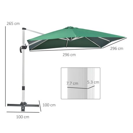 Outsunny 3 x 3(m) Cantilever Roma Parasol, Square Garden Umbrella with Cross Base, Crank Handle, Tilt, 360 Rotation and Aluminium Frame, Green