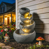 Outsunny 4-Tier Water Fountain Outdoor, Garden Water Feature with LED Lights and Pump, Freestanding Resin Waterfall for Patio