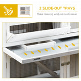 PawHut Wooden Pet Hutch, Two-Tier Cage with Rain Cover, Wheels, White