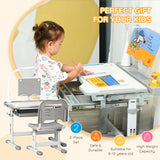 HOMCOM Kids Study Desk and Chair Set w/ Adjustable Height, Storage, Drawer, Grey