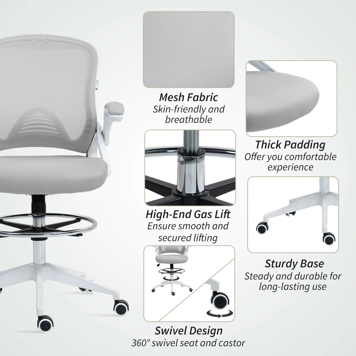 Vinsetto Drafting Chair with Flip-up Armrest, Mesh Office Stool with Foot Ring, 360 Degree Swivel Height Adjustable Chair for Standing Desk, Light Grey