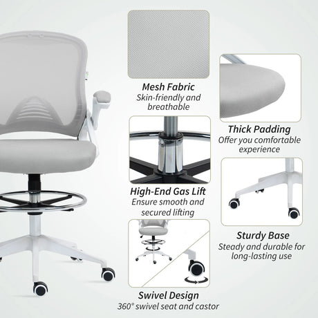 Vinsetto Drafting Chair with Flip-up Armrest, Mesh Office Stool with Foot Ring, 360 Degree Swivel Height Adjustable Chair for Standing Desk, Light Grey