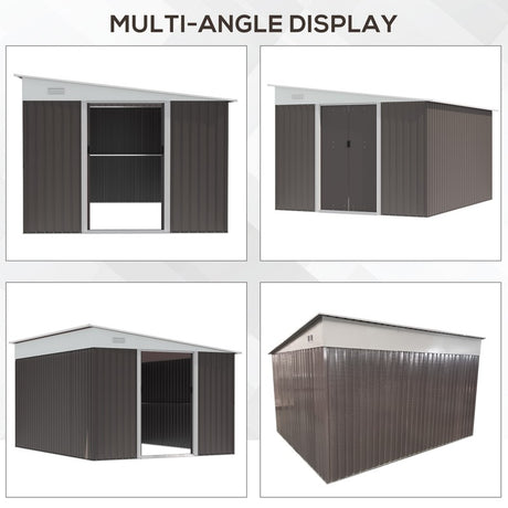 Outsunny 11.3 x 9.2ft Lean to Metal Garden Shed, Outdoor Galvanised Tool Storage House with Double Sliding Doors and 2 Air Vents, Grey