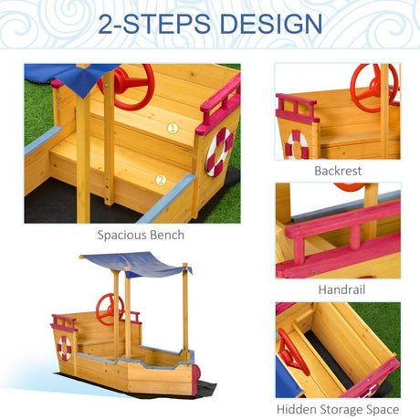 Outsunny Kids Wooden Sand Pit Children Sandbox Pirate Ship Sandboat Play Station for Outdoor w/ Canopy Shade Storage Bench Bottom Liner