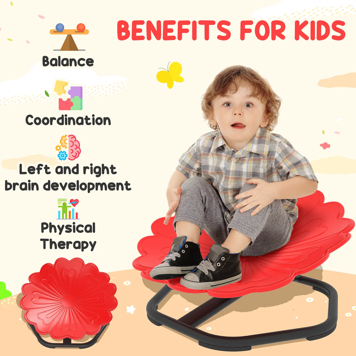 AIYAPLAY Flower-Shaped Sensory Spinning Chair with Non-Slip Base for Balance/Coordination, Red