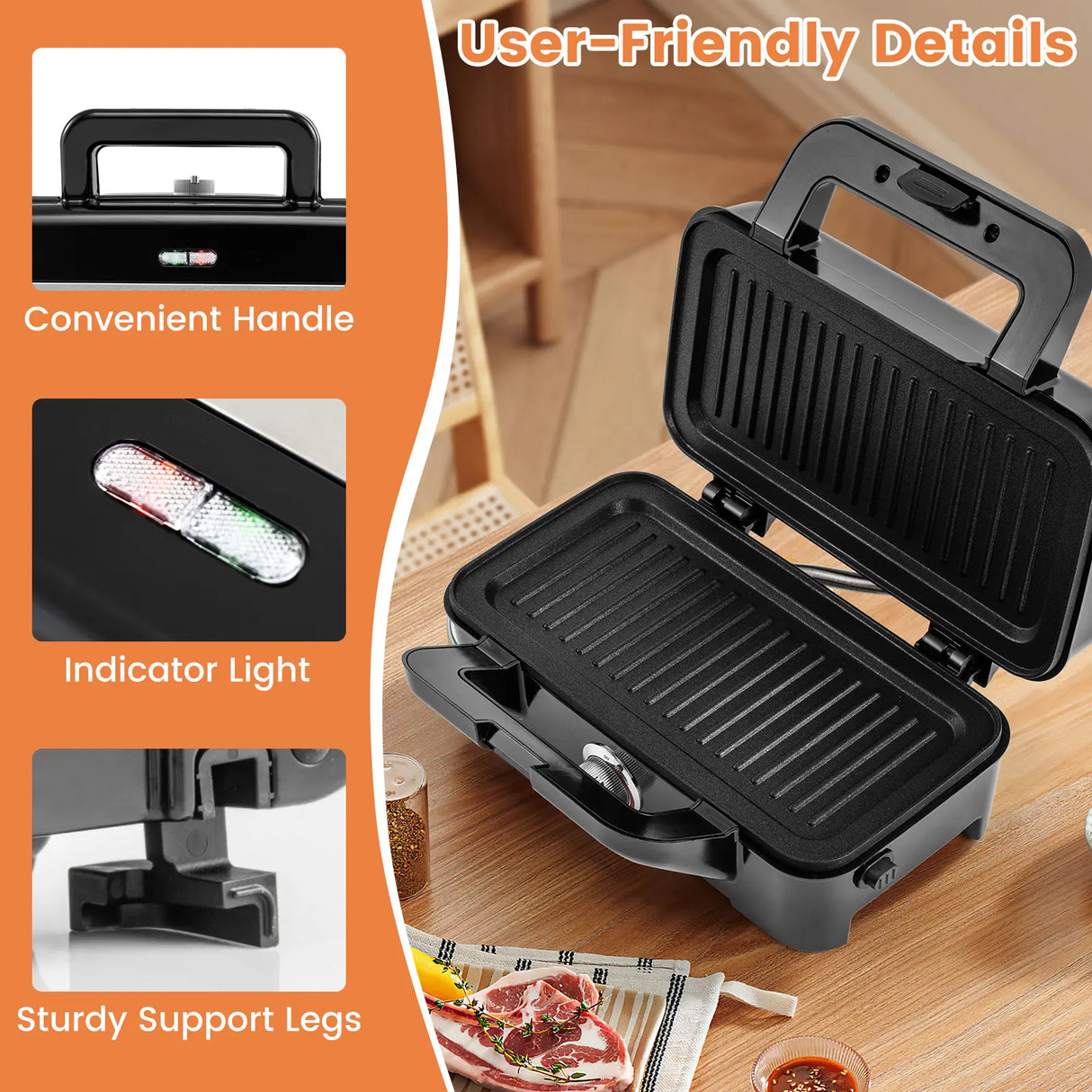 3 in 1 Waffle Maker with Non-stick Plates and Indicator Lights-Black