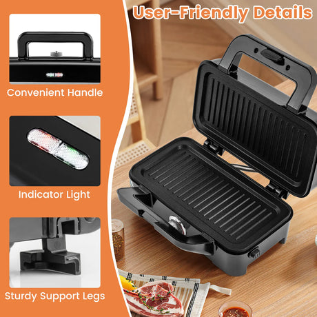 3 in 1 Waffle Maker with Non-stick Plates and Indicator Lights-Black
