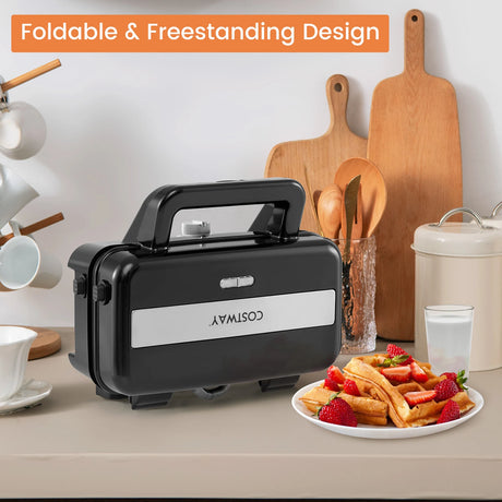 3 in 1 Waffle Maker with Non-stick Plates and Indicator Lights-Black