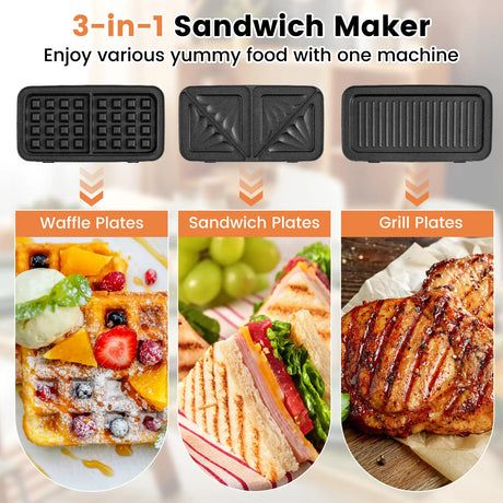 3 in 1 Waffle Maker with Non-stick Plates and Indicator Lights-Black