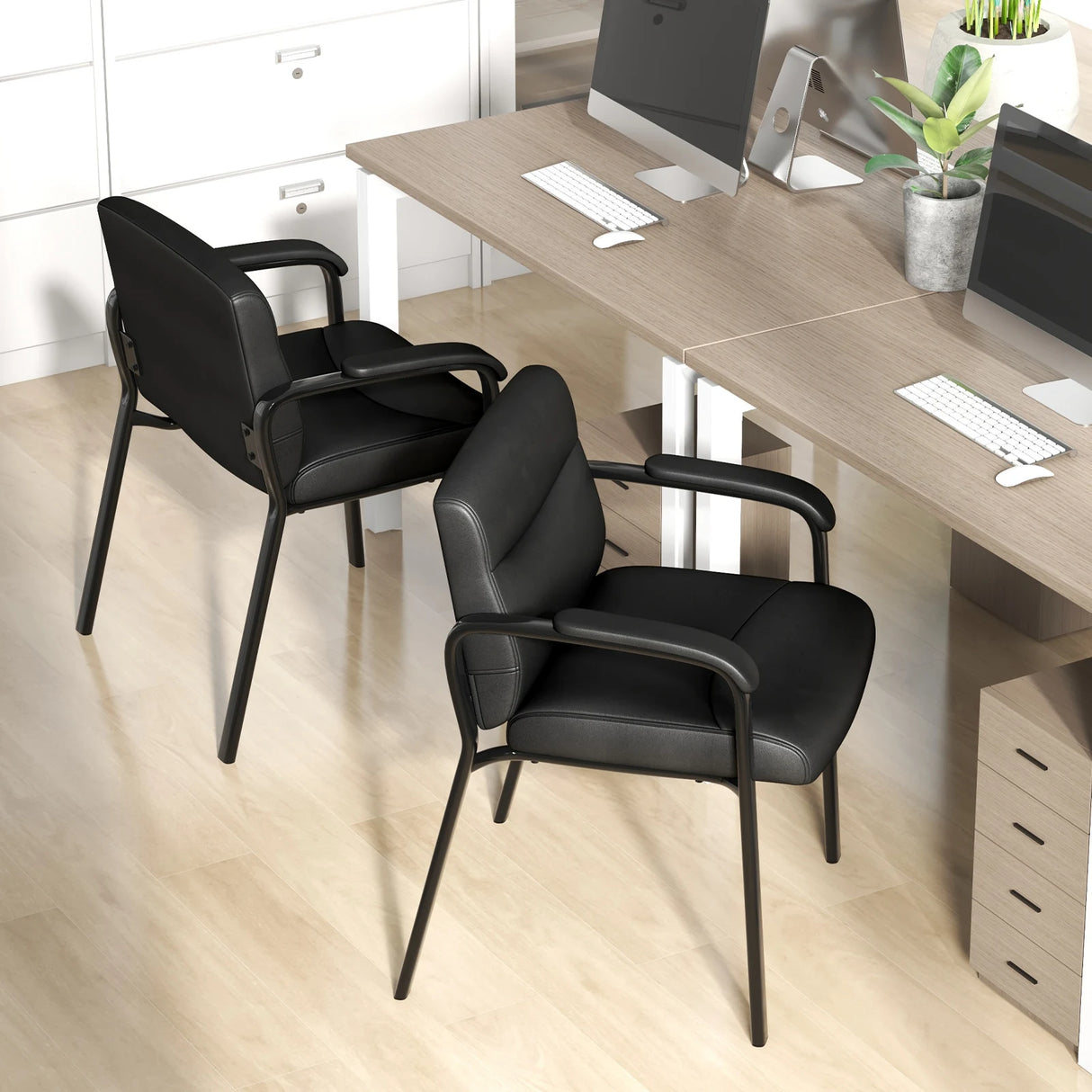 Waiting Room Chair Upholstered PU Leather with Padded Armrests-Black-2 Packs