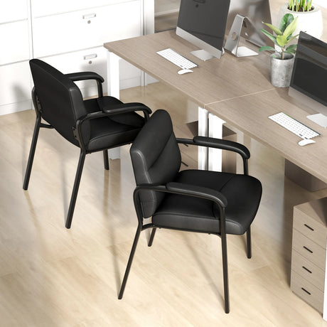 Waiting Room Chair Upholstered PU Leather with Padded Armrests-Black-2 Packs