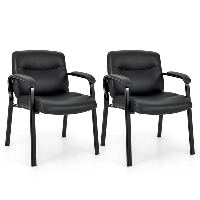Waiting Room Chair Upholstered PU Leather with Padded Armrests-Black-2 Packs