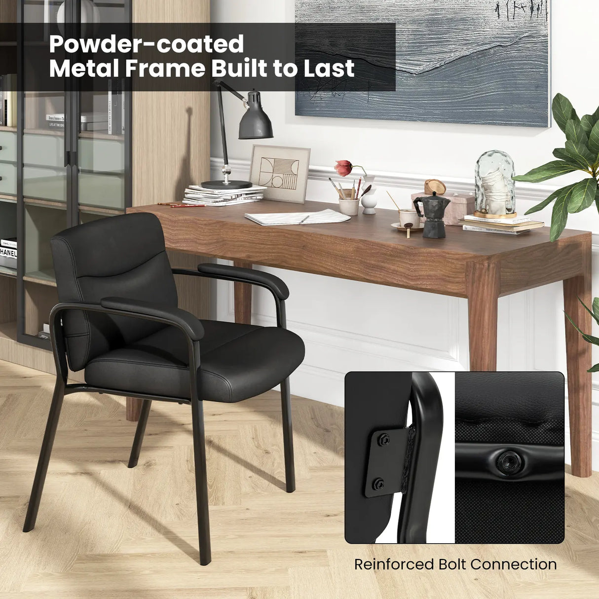 Waiting Room Chair Upholstered PU Leather with Padded Armrests-Black-2 Packs