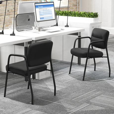 Waiting Room Guest Chair Set of 2 Upholstered Reception Chairs with Mixed PU Leather and Integrated Armrests-Black