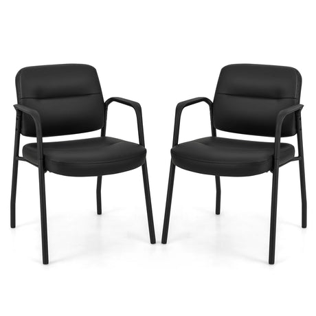 Waiting Room Guest Chair Set of 2 Upholstered Reception Chairs with Mixed PU Leather and Integrated Armrests-Black