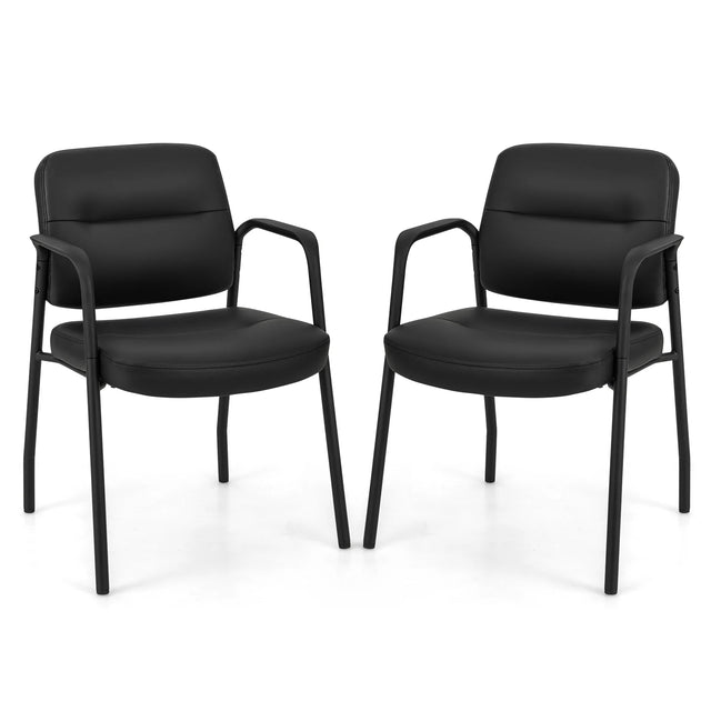 Waiting Room Guest Chair Set of 2 Upholstered Reception Chairs with Mixed PU Leather and Integrated Armrests-Black