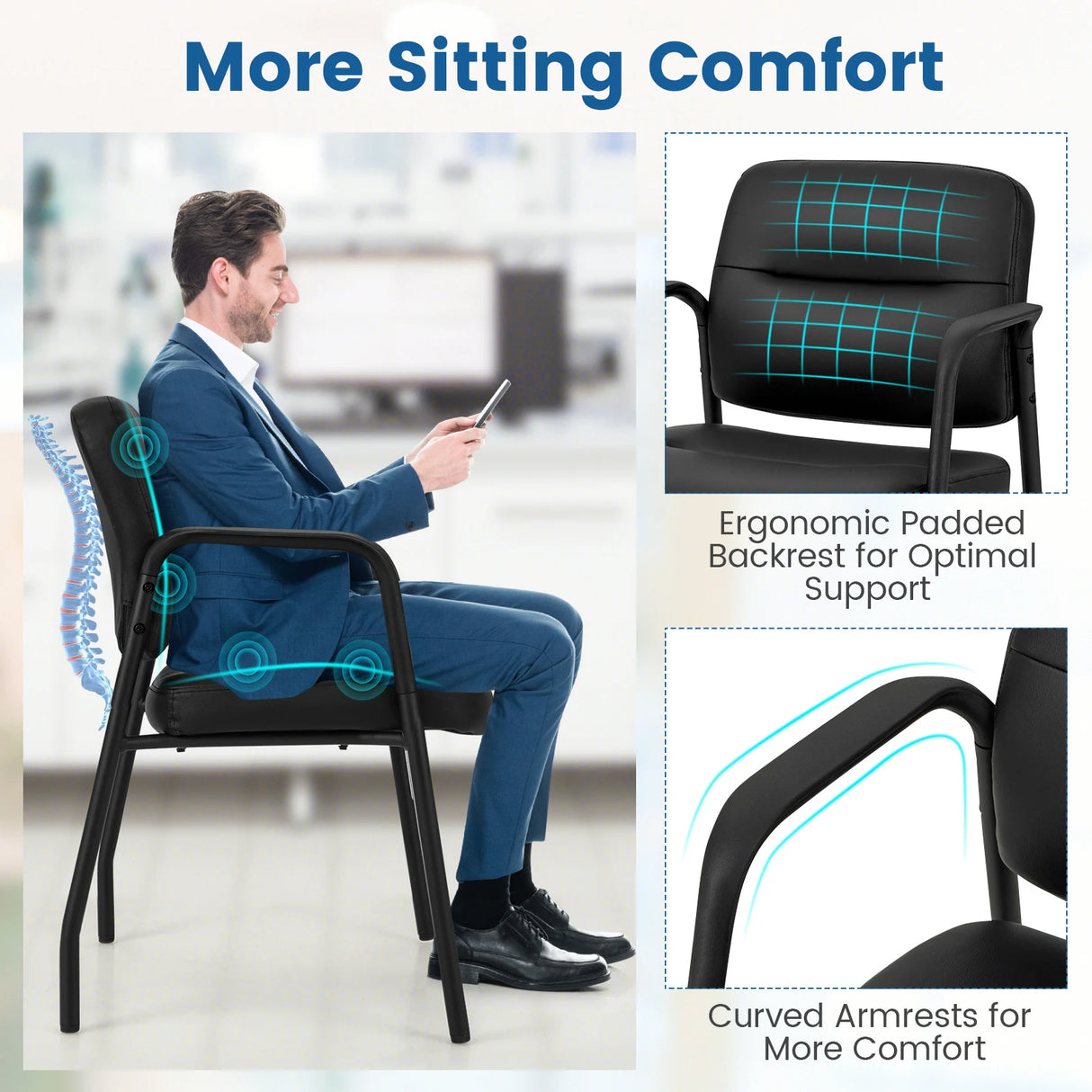 Waiting Room Guest Chair Set of 2 Upholstered Reception Chairs with Mixed PU Leather and Integrated Armrests-Black