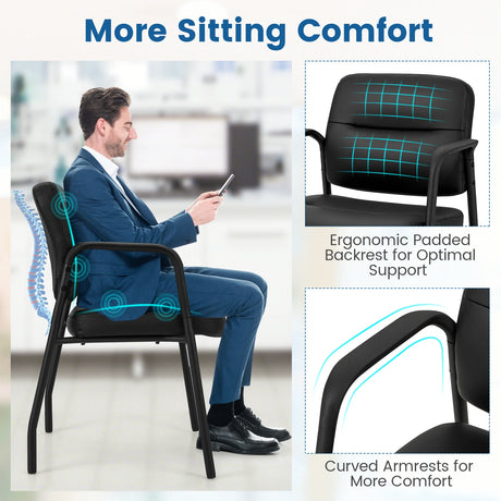 Waiting Room Guest Chair Set of 2 Upholstered Reception Chairs with Mixed PU Leather and Integrated Armrests-Black